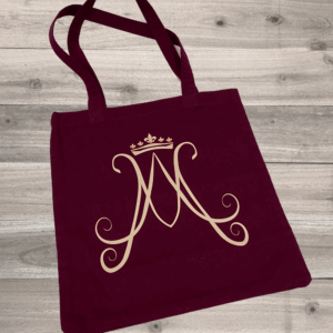 Auspice Maria Maroon Wine colored 100% cotton twill tote bag with AM monogram and crown design in dark warm cream color